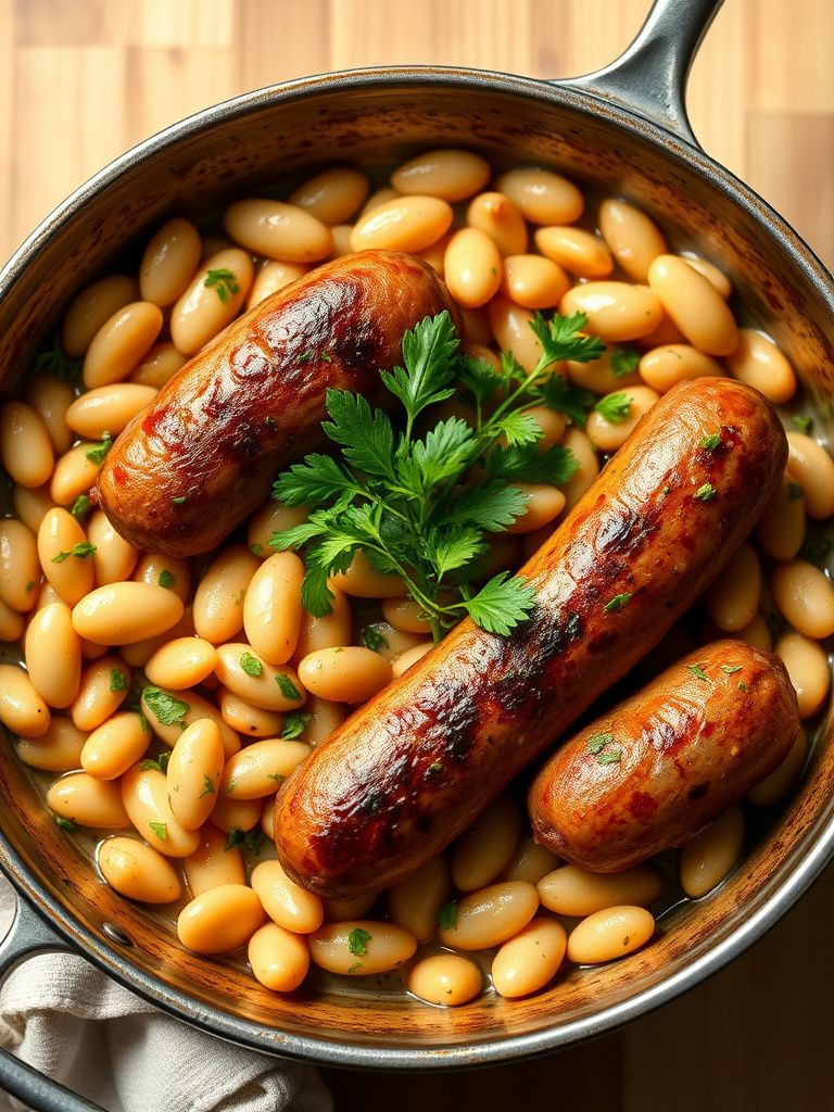 Rustic skillet with sausage, white beans, and fresh herbs