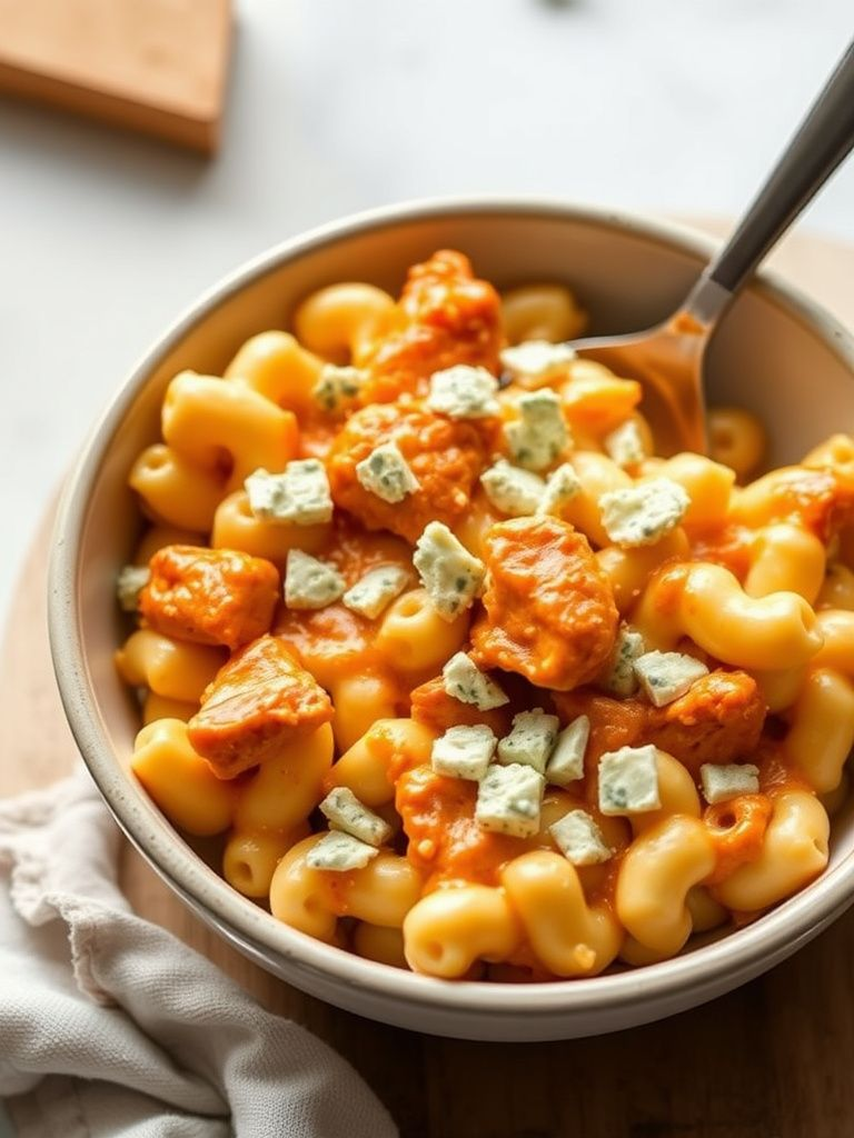 Creamy mac and cheese with buffalo chicken and blue cheese crumbles