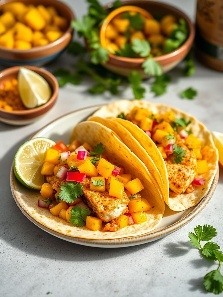 Spiced fish tacos with colorful mango salsa and lime wedges