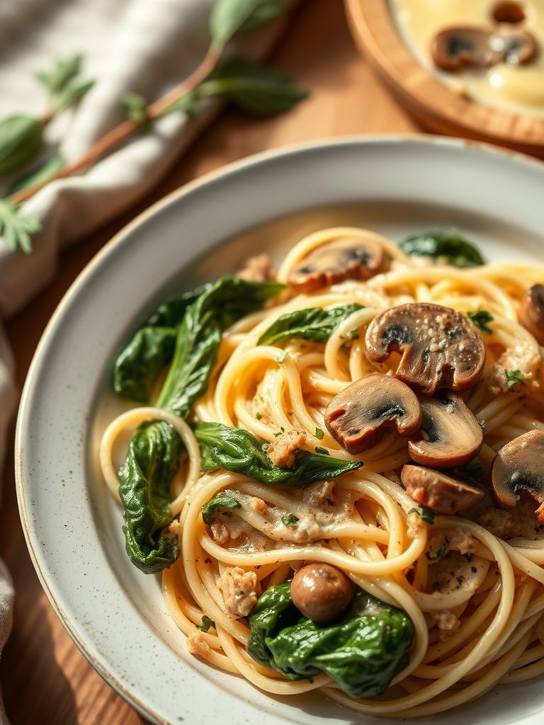 Creamy pasta with mushrooms and wilted spinach
