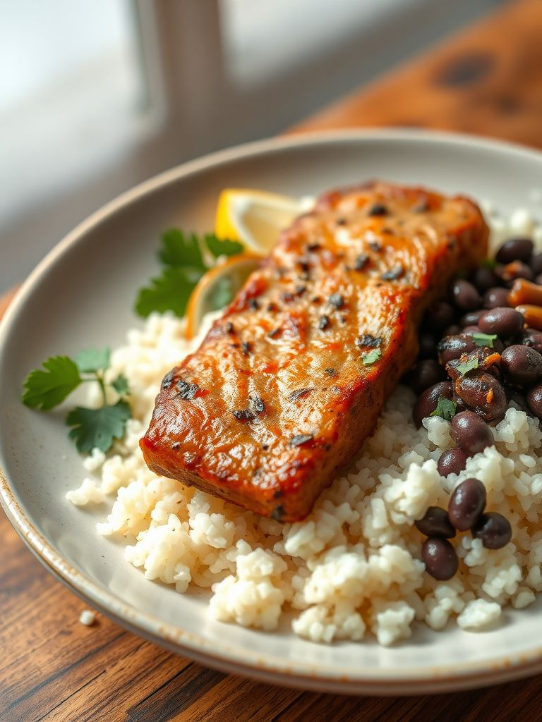 Citrus-marinated pork with seasoned black beans and rice