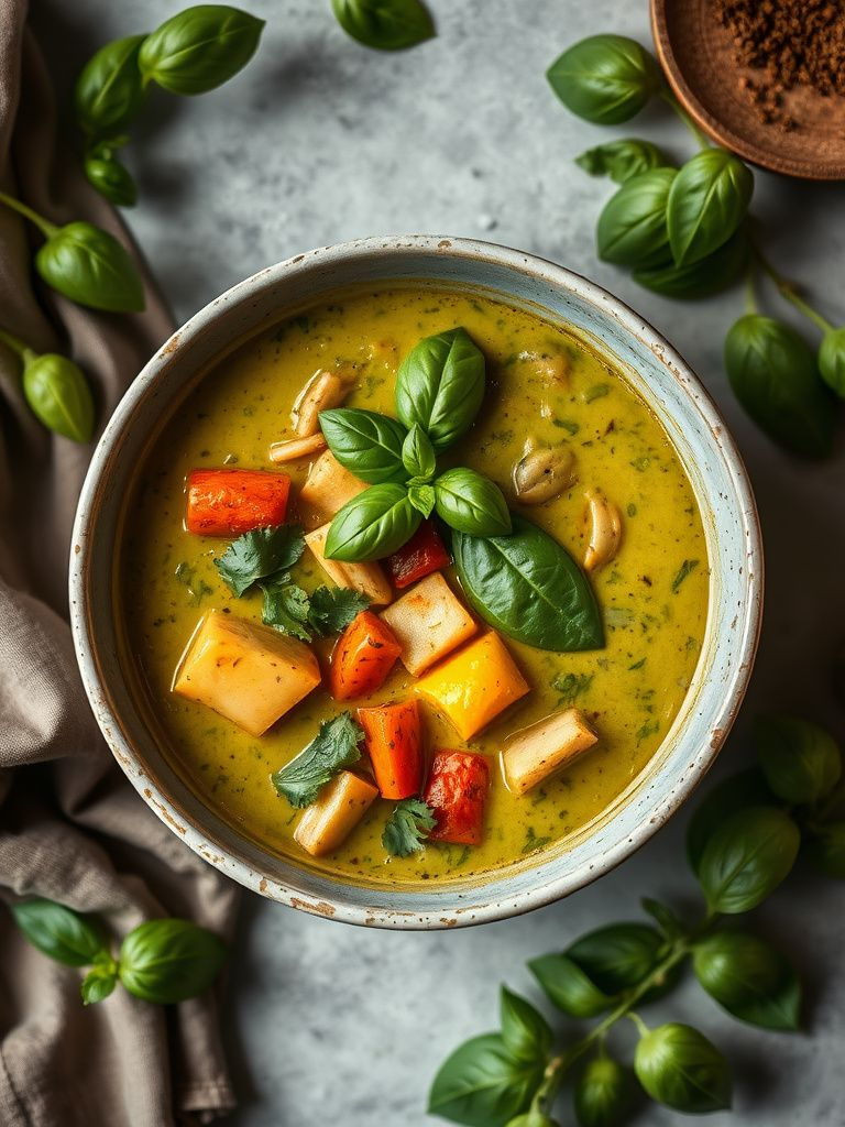 Creamy green curry with mixed vegetables and fresh basil