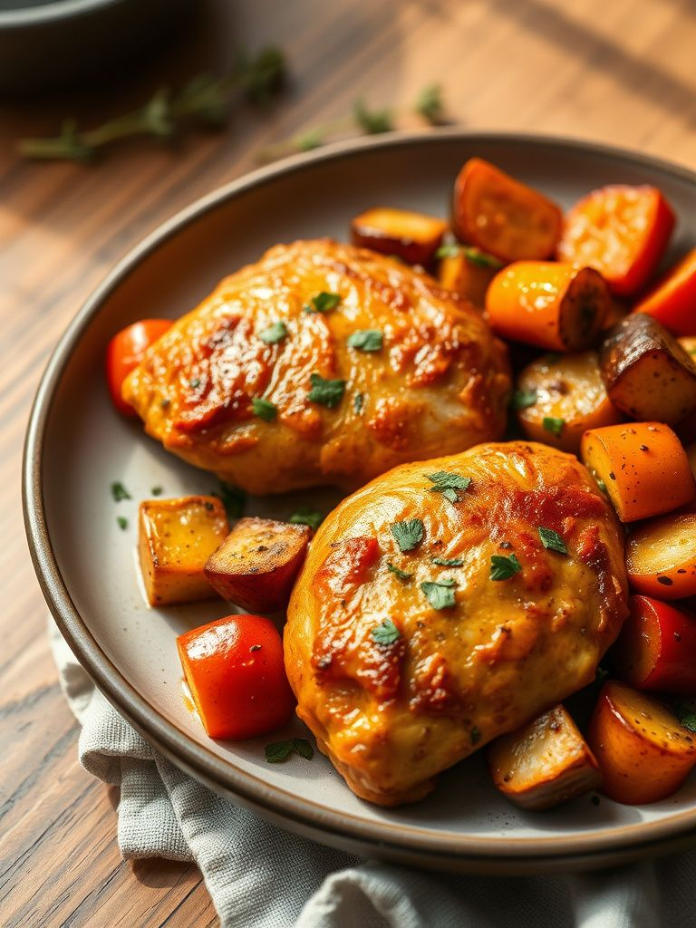 Golden chicken thighs with colorful roasted vegetables