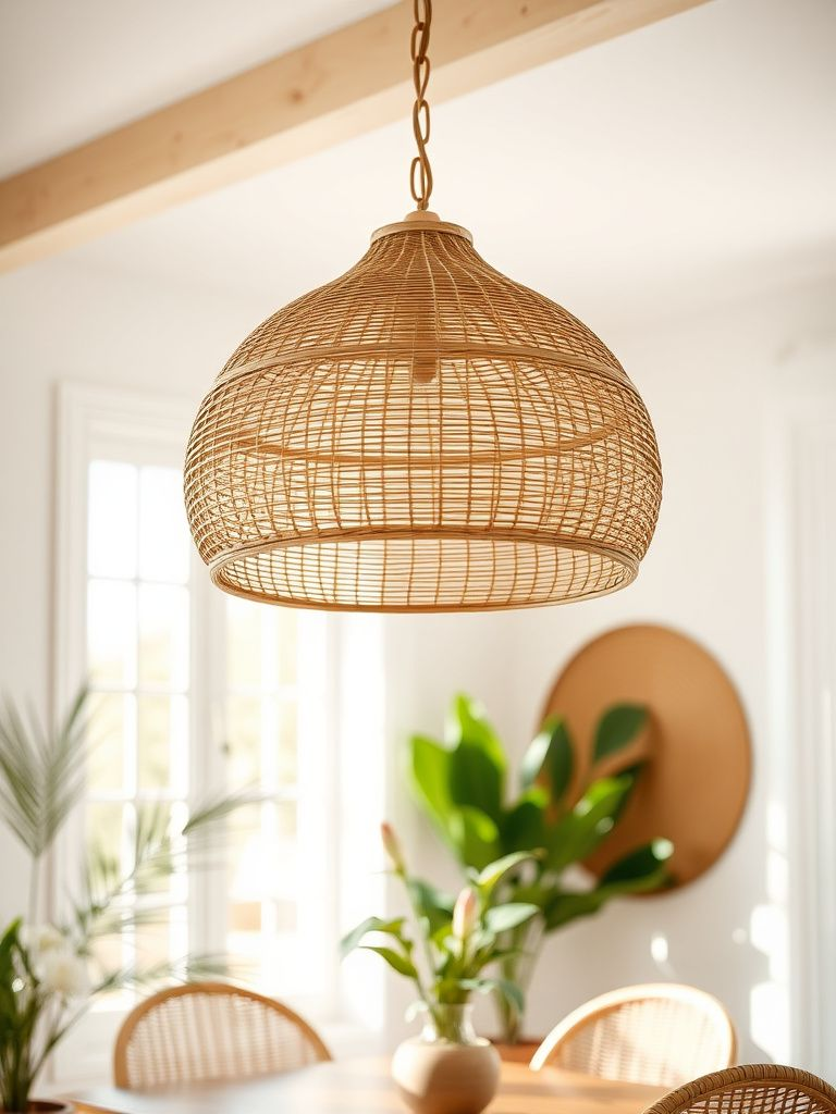 Natural woven rattan pendant light with organic curved shape hanging over dining area