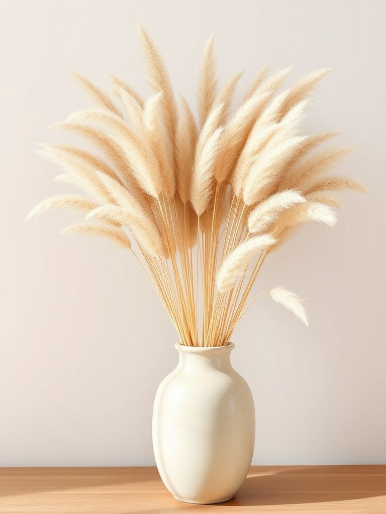 Tall dried pampas grass stems in natural beige tones arranged in a large ceramic vase