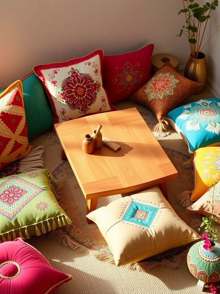 Colorful embroidered floor cushions and poufs arranged around a low wooden coffee table