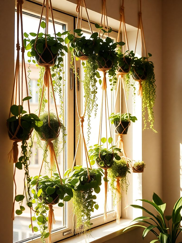 Multiple trailing plants in macramé hangers creating a lush vertical garden by a sunny window
