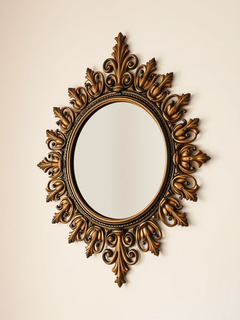 Ornate vintage-style brass sunburst mirror with detailed metalwork mounted on white wall