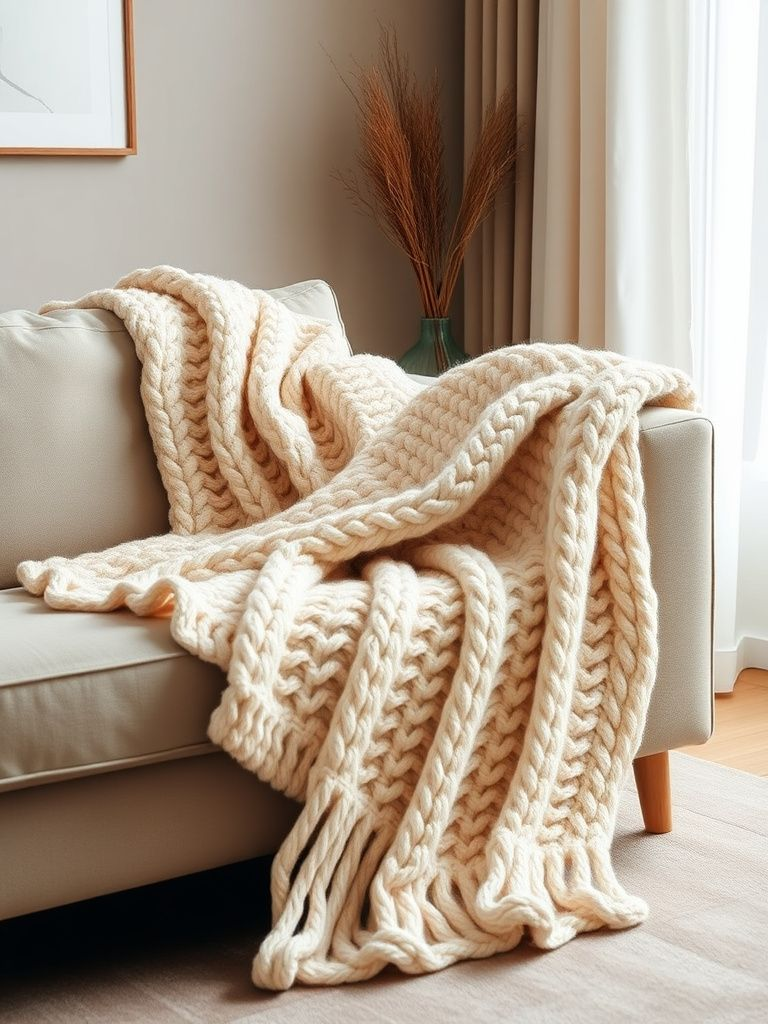 Chunky knit throw blanket in cream wool draped over a neutral linen sofa