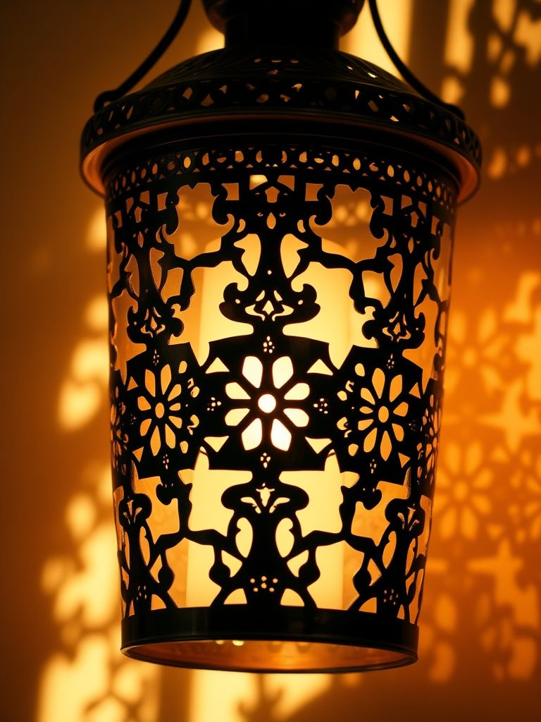 Intricate metal lantern with geometric cutout patterns casting decorative shadows