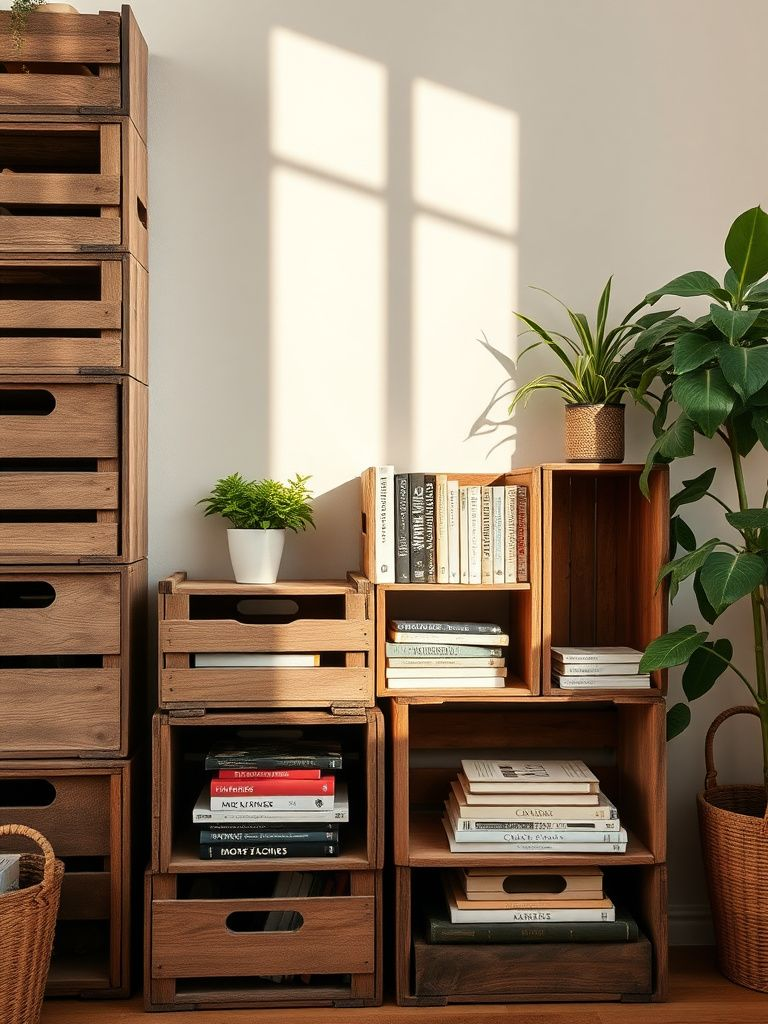 Stacked weathered wooden crates used as rustic shelving displaying books and plants