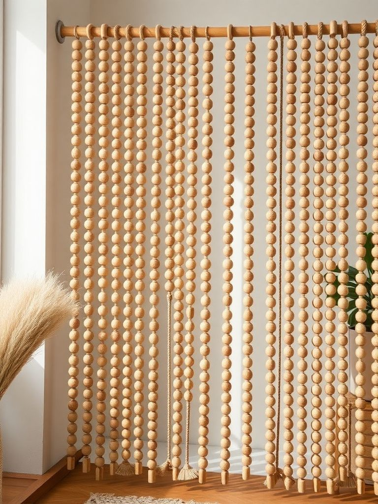 Natural wood bead curtain with varying bead sizes creating an organic room divider