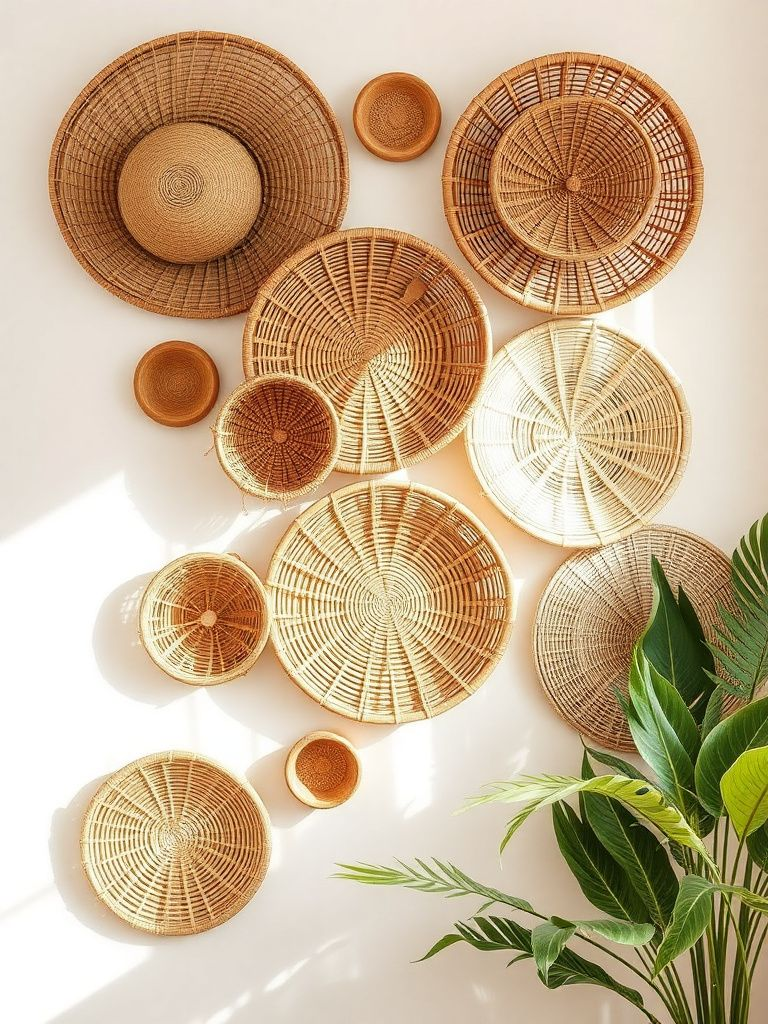 Collection of various sized woven baskets in natural materials arranged as wall art
