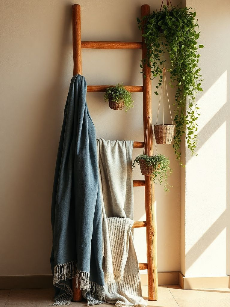 Rustic wooden ladder leaning against wall with draped blankets and hanging plants