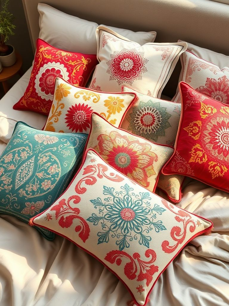 Mix of colorful embroidered throw pillows with intricate patterns scattered on neutral bedding