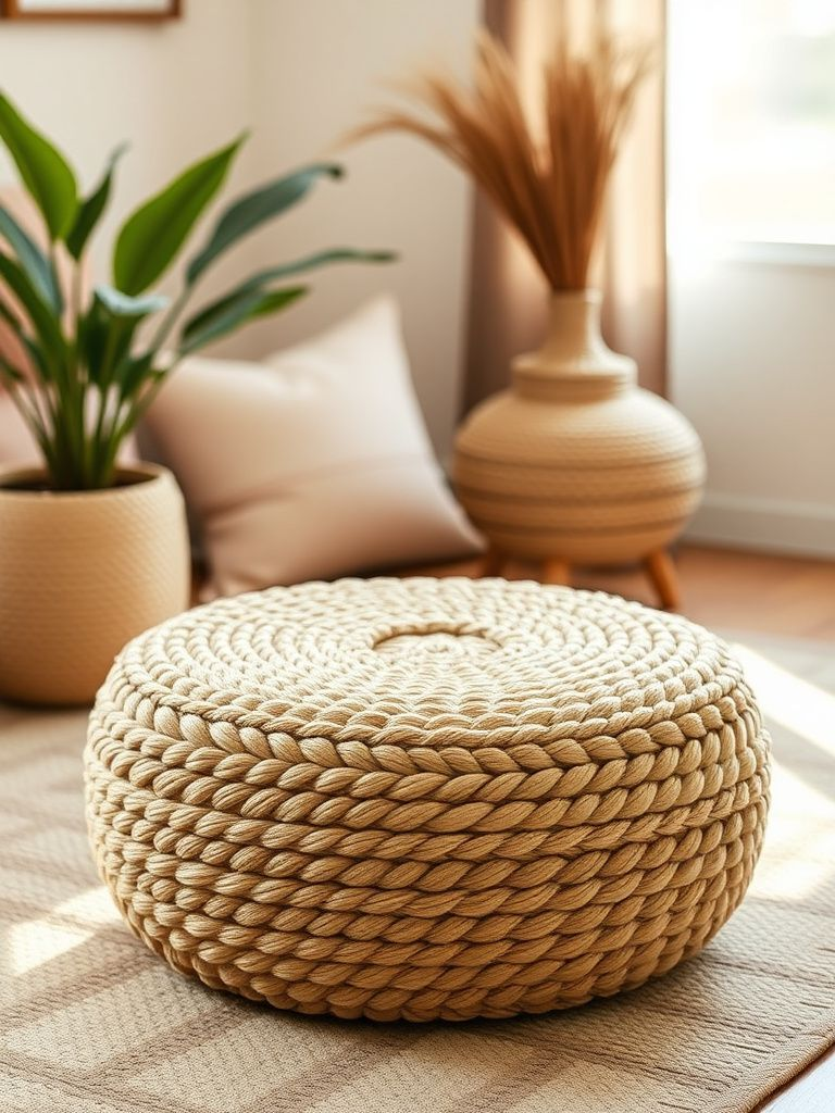Round woven jute pouf with intricate braided pattern serving as extra seating