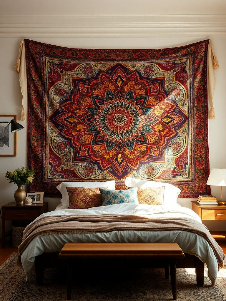 Large colorful vintage tapestry with intricate patterns hung as focal point above bed