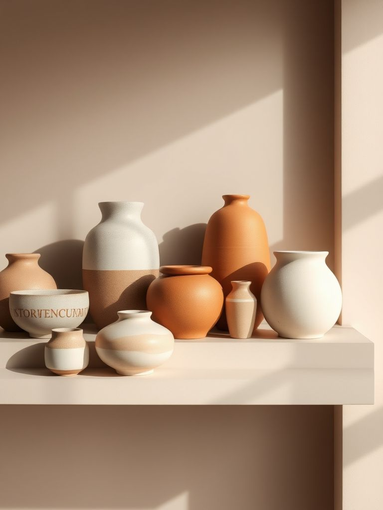 Collection of various sized ceramic vessels in earth tones displayed on floating shelf