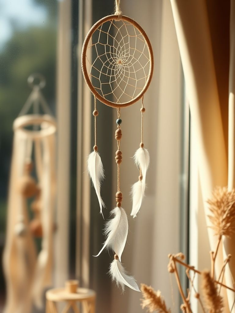 Delicate feather dreamcatcher with intricate webbing and natural materials hanging by window