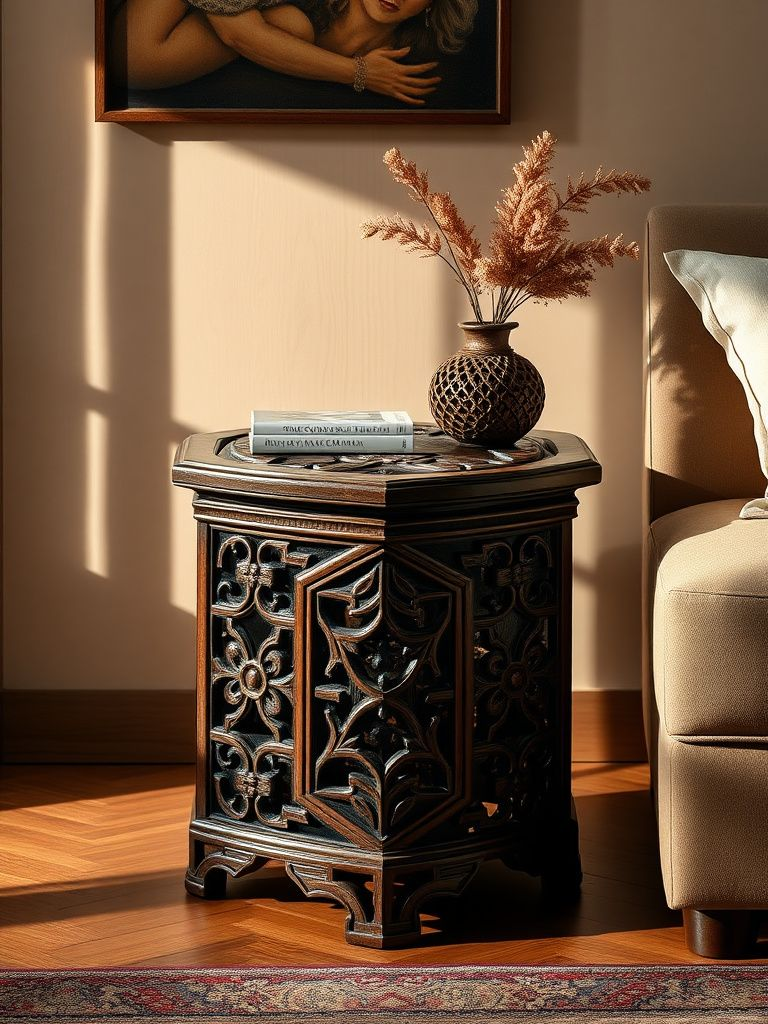 Intricately carved wooden side table with geometric patterns and rich dark wood finish