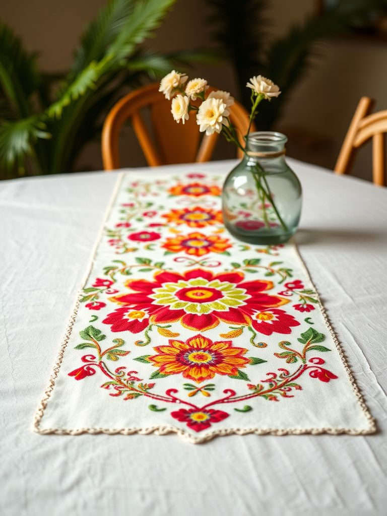 Colorful suzani embroidered textile used as table runner with traditional floral motifs