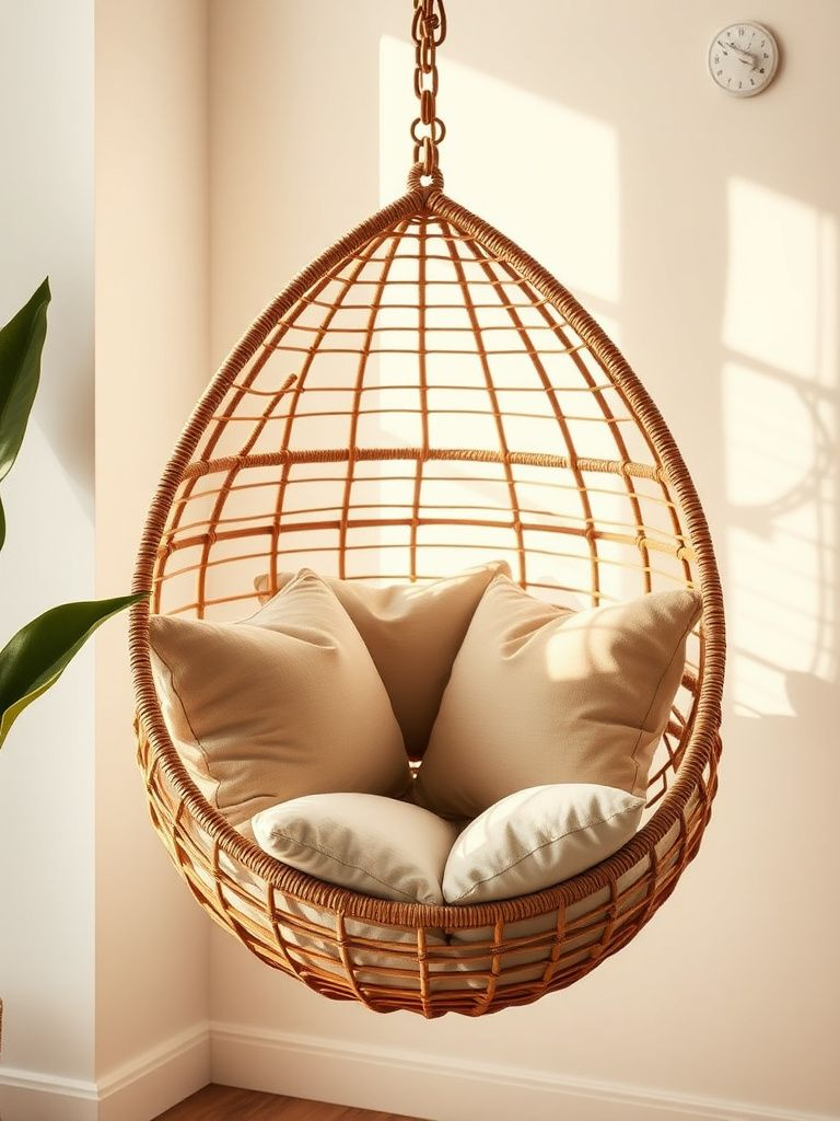 Egg-shaped rattan hanging chair with plush cushions suspended from ceiling hook