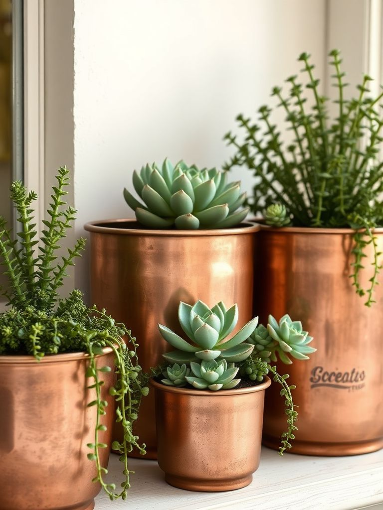 Aged copper planters in various sizes holding succulents and trailing plants