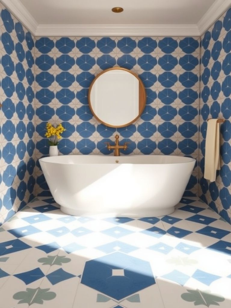 Geometric patterned floor tiles in blue and white creating striking bathroom accent wall
