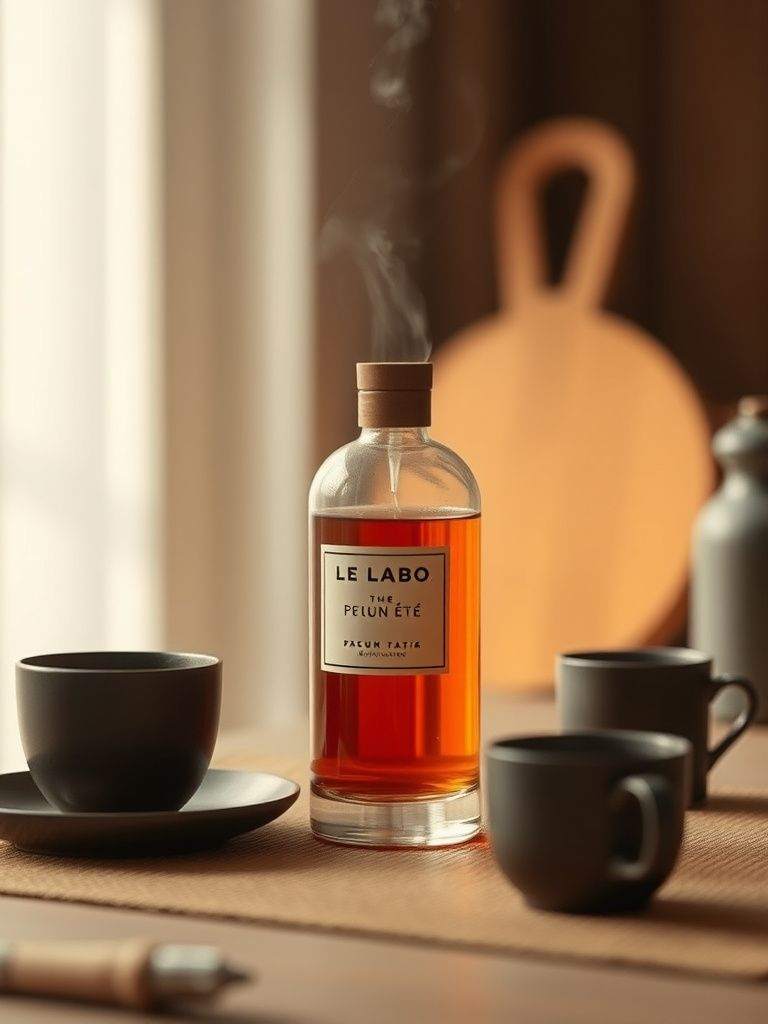 Le Labo Thé Pour Un Été bottle in minimalist tea ceremony setting