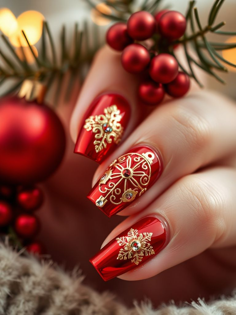 Red and gold Christmas ornament nail art with metallic details and gems