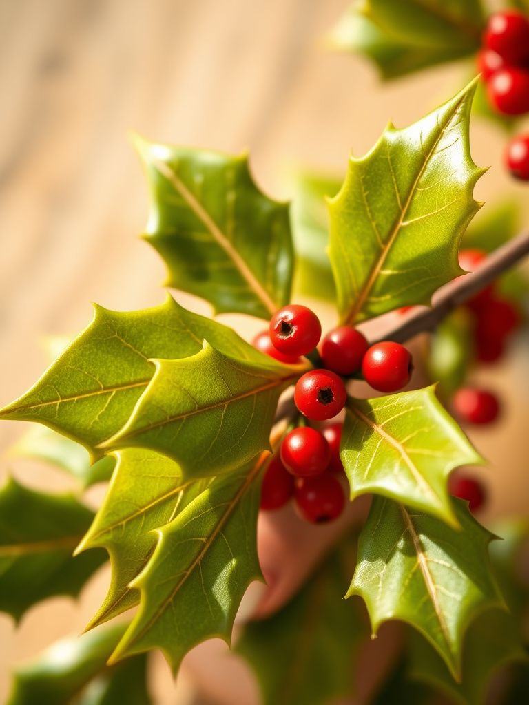 Green holly leaves with red berries on natural nail base