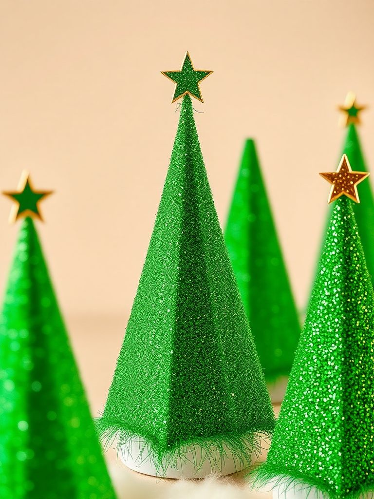 Green glitter gradient forming Christmas tree shapes with gold star toppers