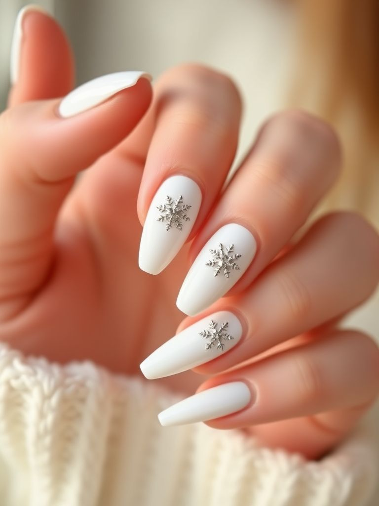 Clean white nails with simple silver snowflake accents