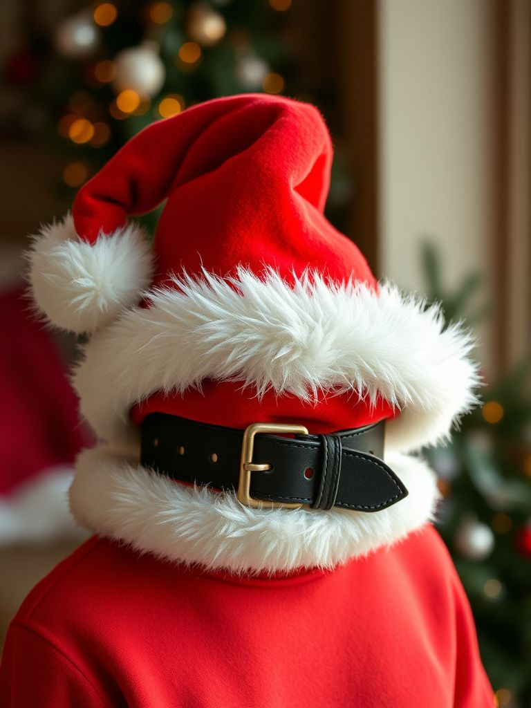 Red Santa hat design with white fur trim and black belt detail