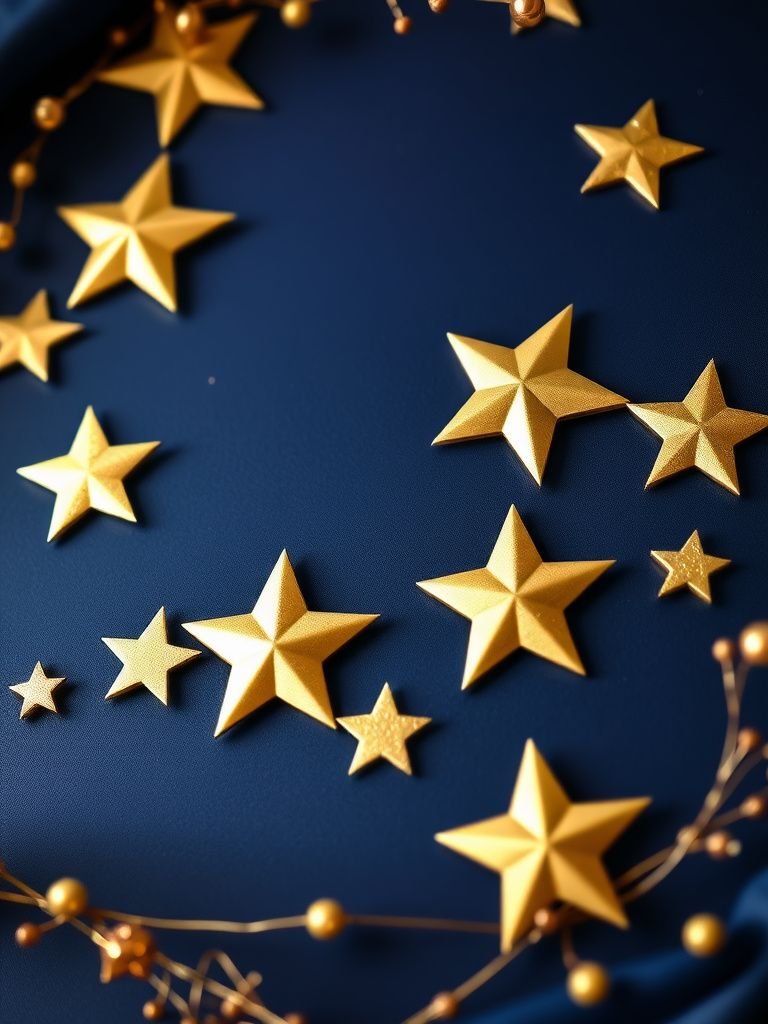 Navy blue base with gold foil star applications and metallic accents