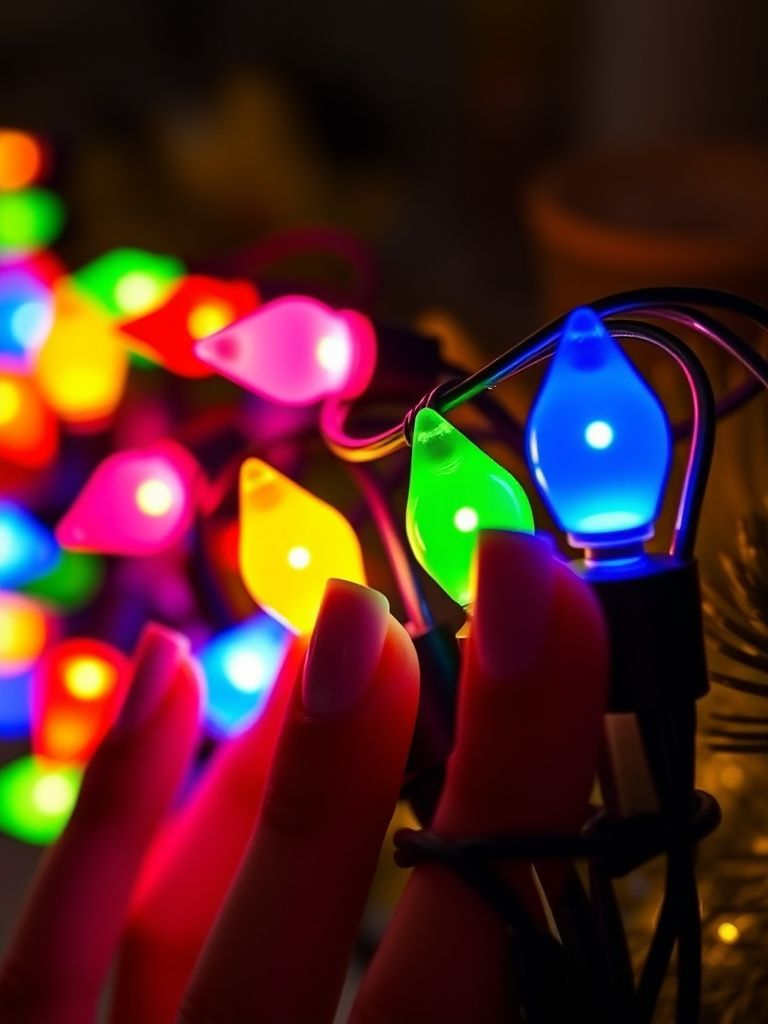 Colorful Christmas light bulbs along nail tips with black cord details