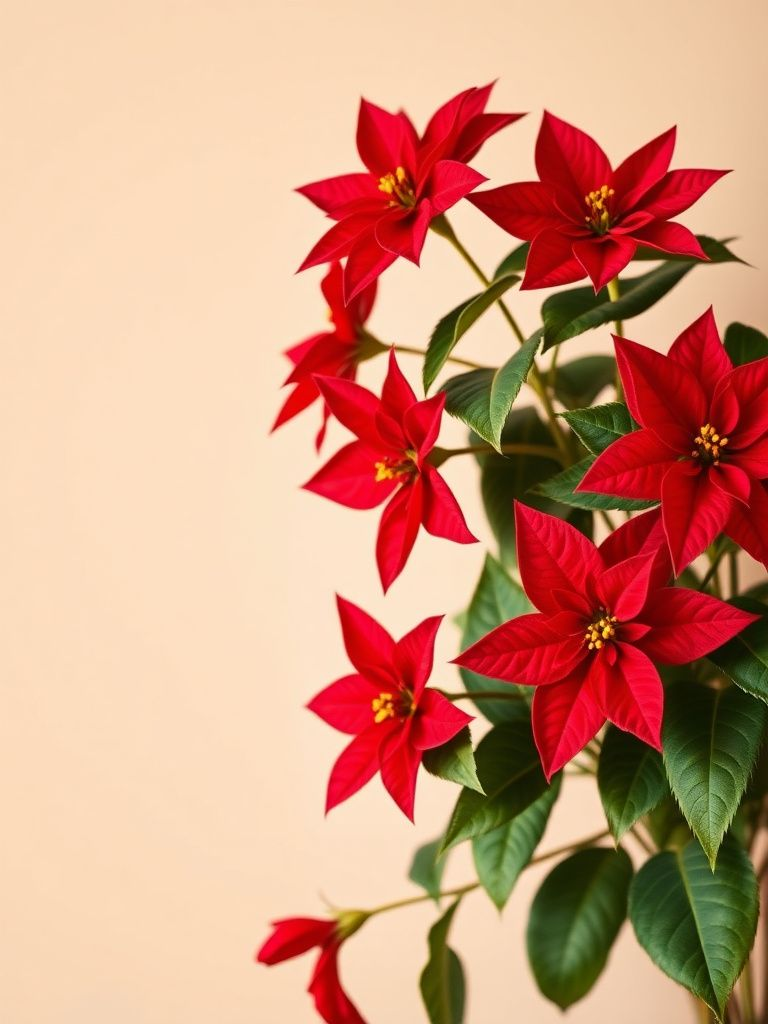Red poinsettia flowers with green leaves on neutral background
