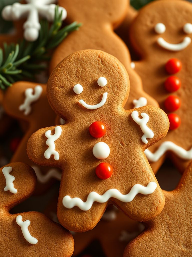 Brown gingerbread man figures with white icing details and candy buttons