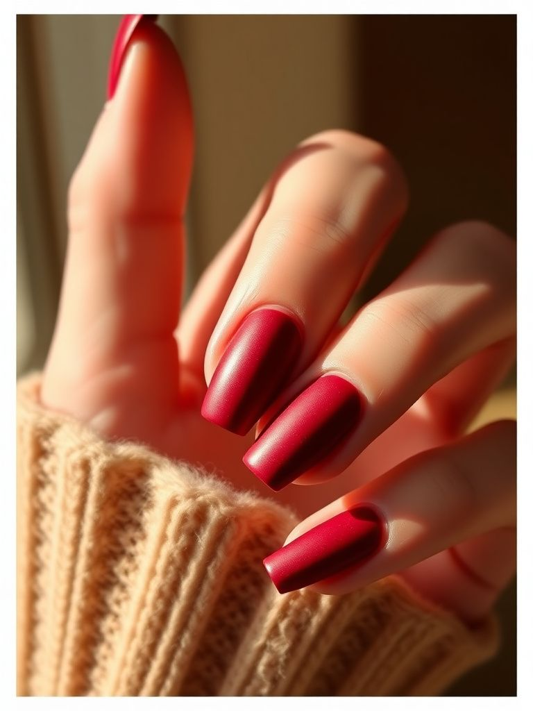 Deep red nails with matte velvet texture and subtle shimmer