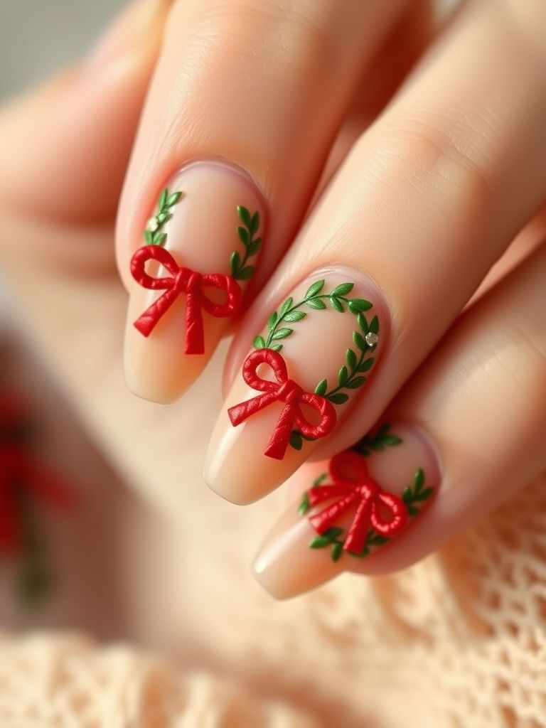 Green wreath designs with red bow details on natural nail base