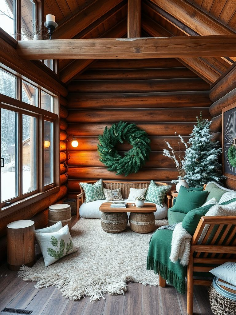 Brown and green design representing log cabin with white snow accents