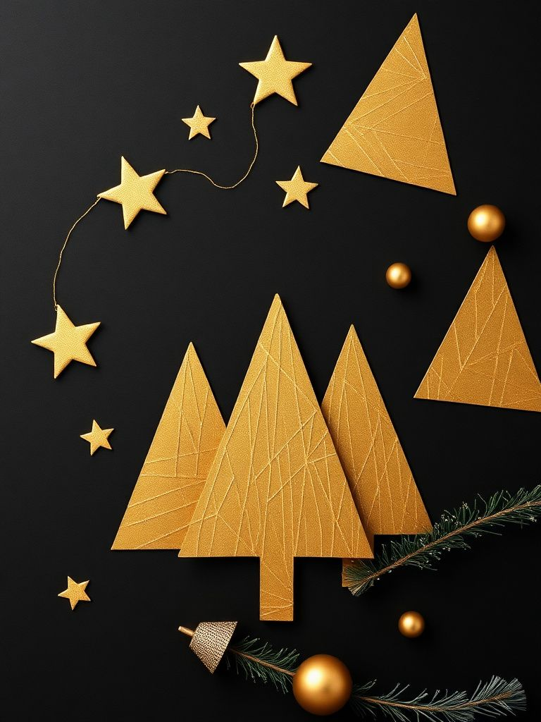 Black base with gold geometric Christmas tree shapes and metallic details