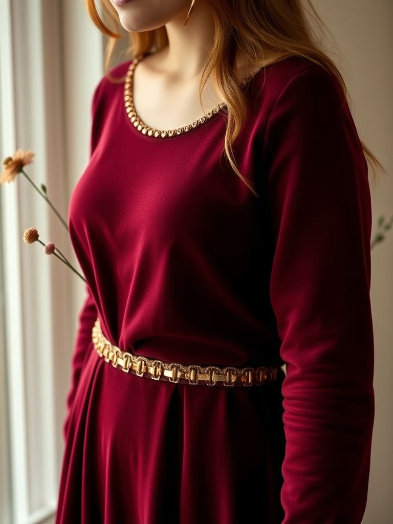 Deep burgundy base with copper foil accents and metallic details