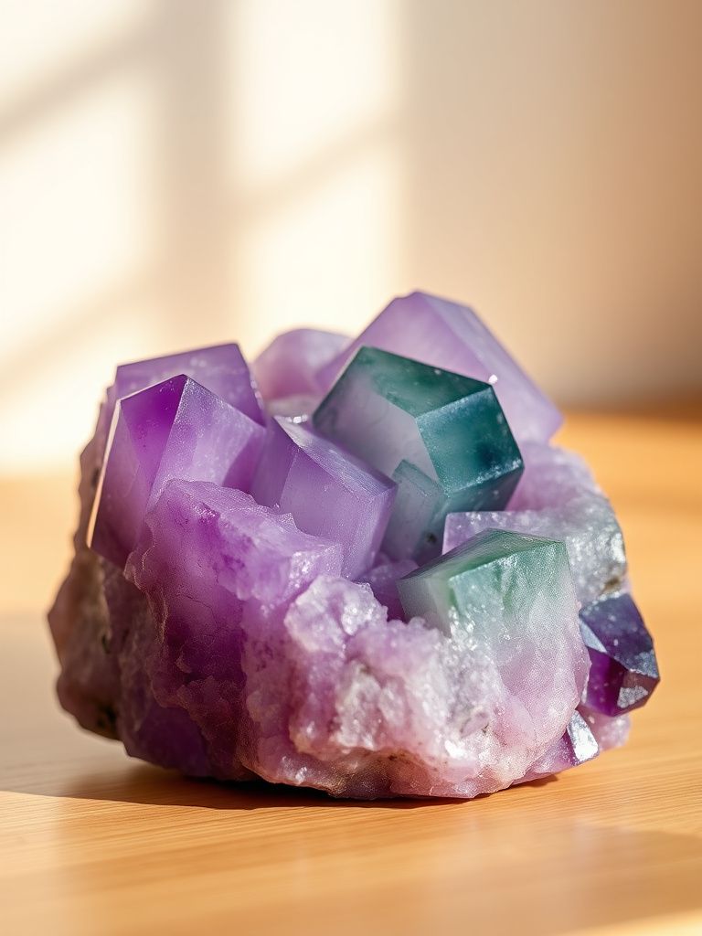 Purple and green fluorite crystal with cubic formation