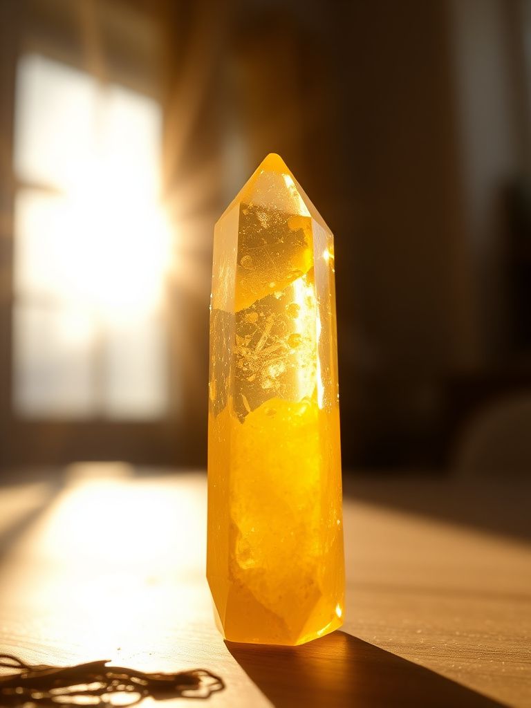 Golden yellow citrine crystal point with sunny transparency
