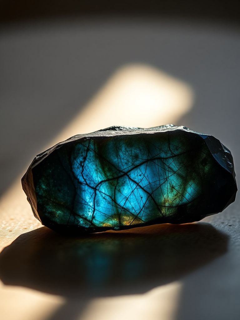 Dark labradorite crystal showing blue and green iridescent flashes