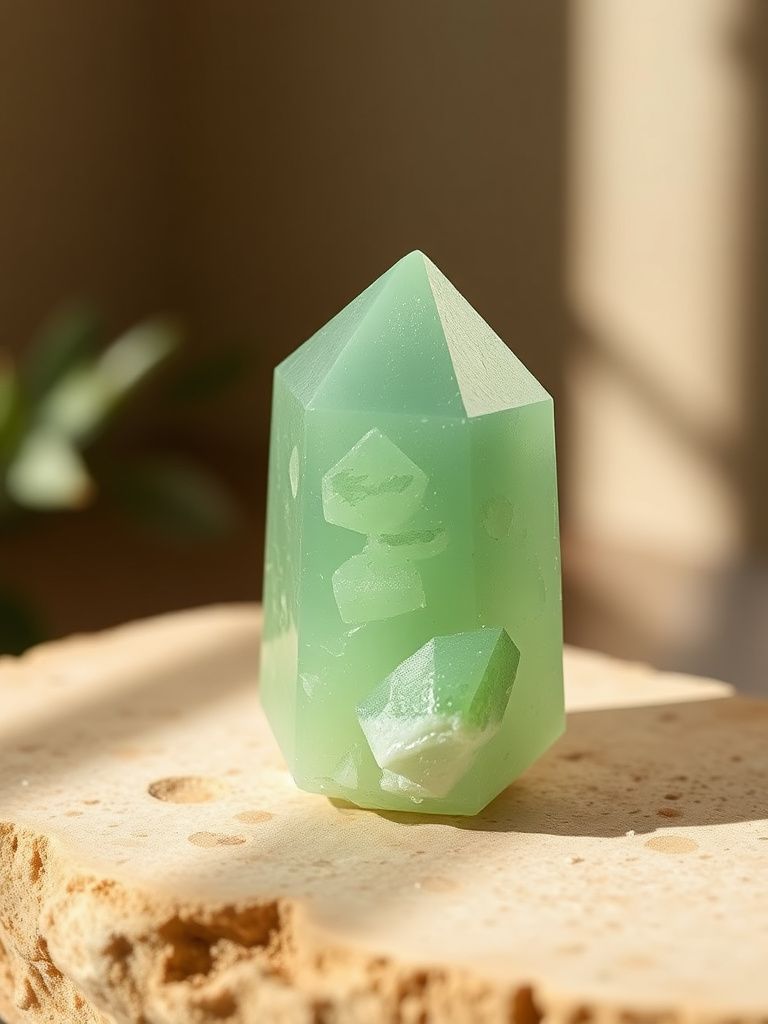 Soft green prehnite crystal with translucent waxy appearance