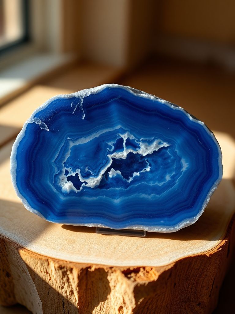 Deep blue sodalite crystal with white calcite veining