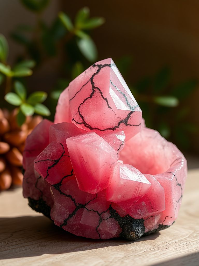Pink rhodonite crystal with black manganese oxide veining