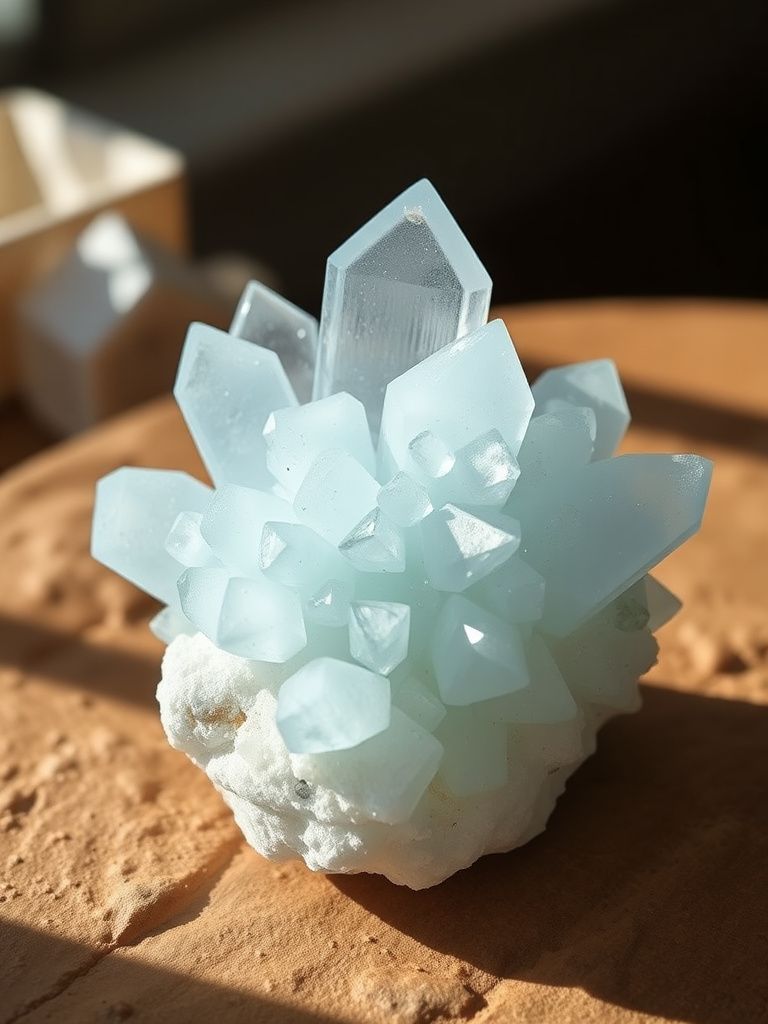 Pale blue celestite crystal cluster with ethereal appearance
